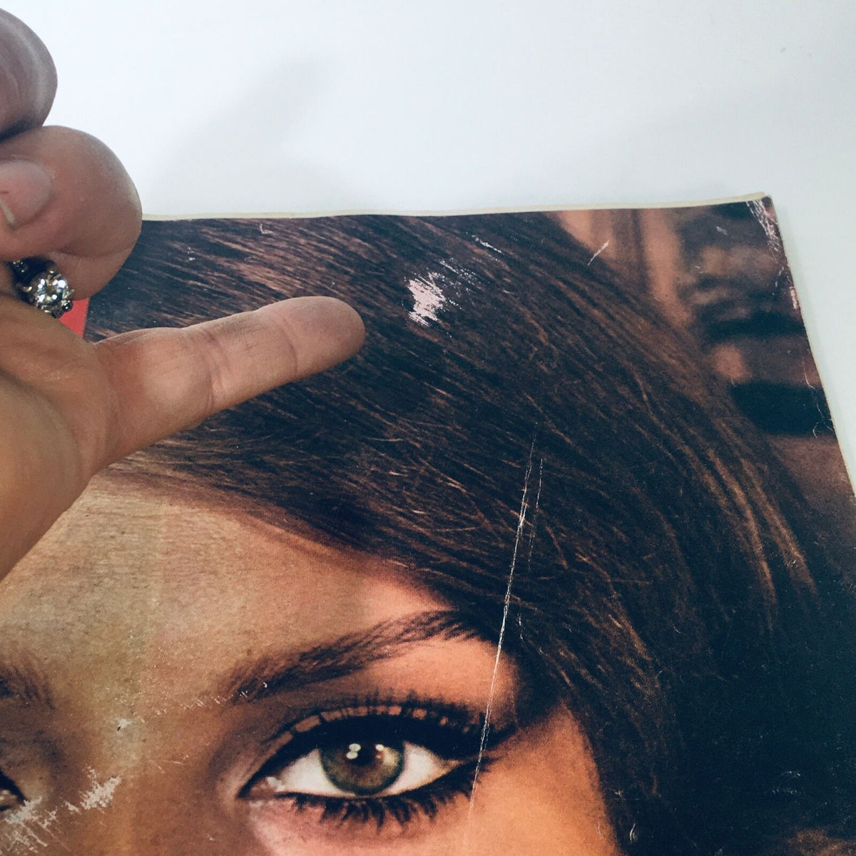 Close-up highlighting details of VTG Life Magazine November 14 1960, featuring the enchanting Sophia Loren, showcasing minor wear and imperfections on the cover.