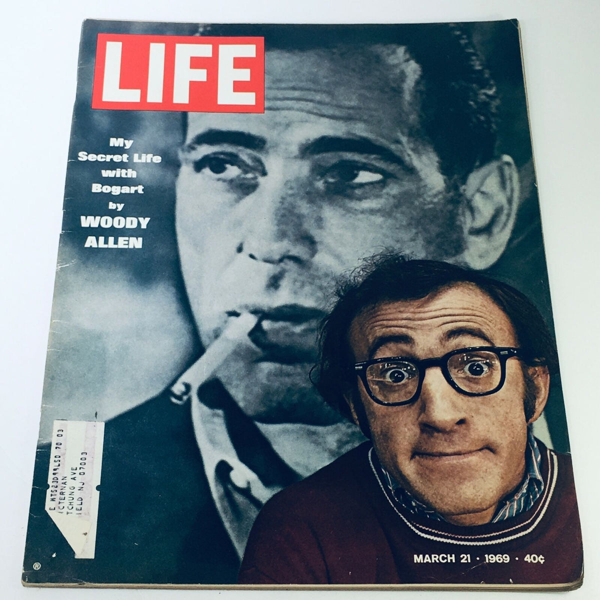 Cover of Vintage Life Magazine from March 21, 1969, featuring Woody Allen's My Secret Life with Bogart, showcasing the iconic images of Humphrey Bogart and Woody Allen.
