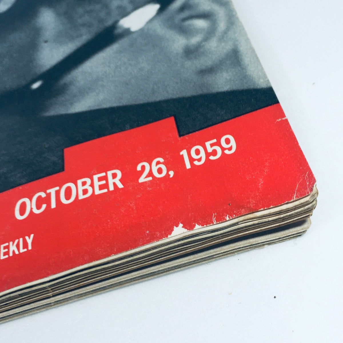 Close-up view of the edge of VTG Life Magazine October 26 1959, showing wear and tear consistent with its vintage condition.