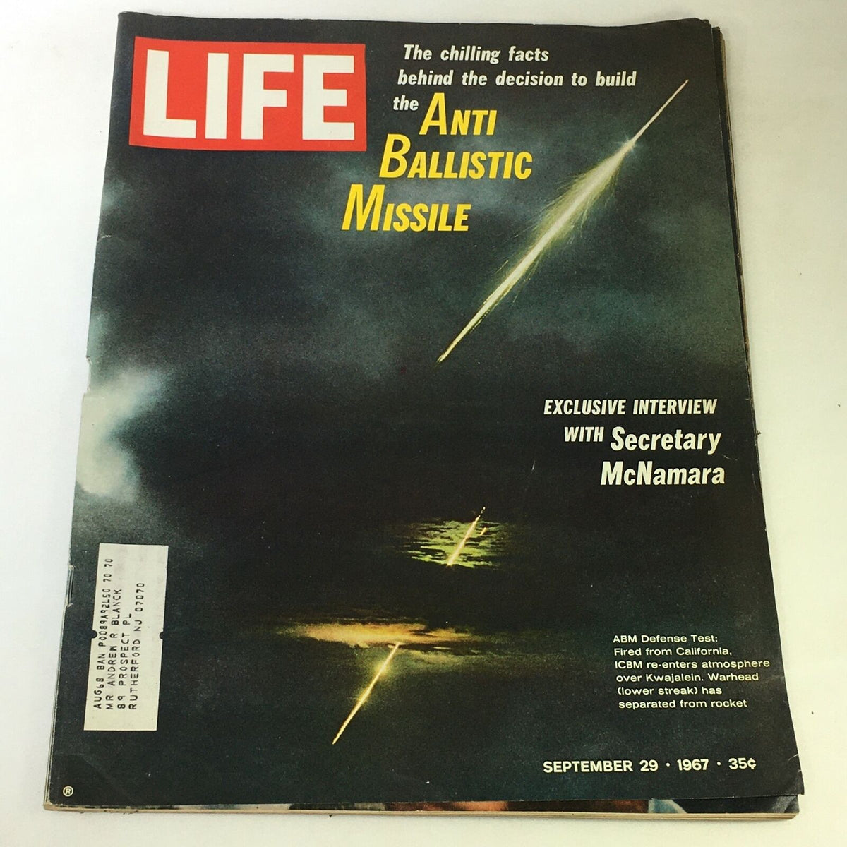 Cover of VTG Life Magazine September 29 1967 featuring an exclusive interview with Secretary McNamara, discussing the anti-ballistic missile and its implications, showcasing a dramatic illustration.