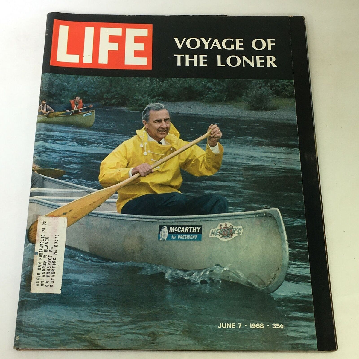 VTG Life Magazine June 7 1968 cover featuring Joseph McCarthy in a yellow raincoat canoeing, with the title 'Voyage of the Loner' prominently displayed.