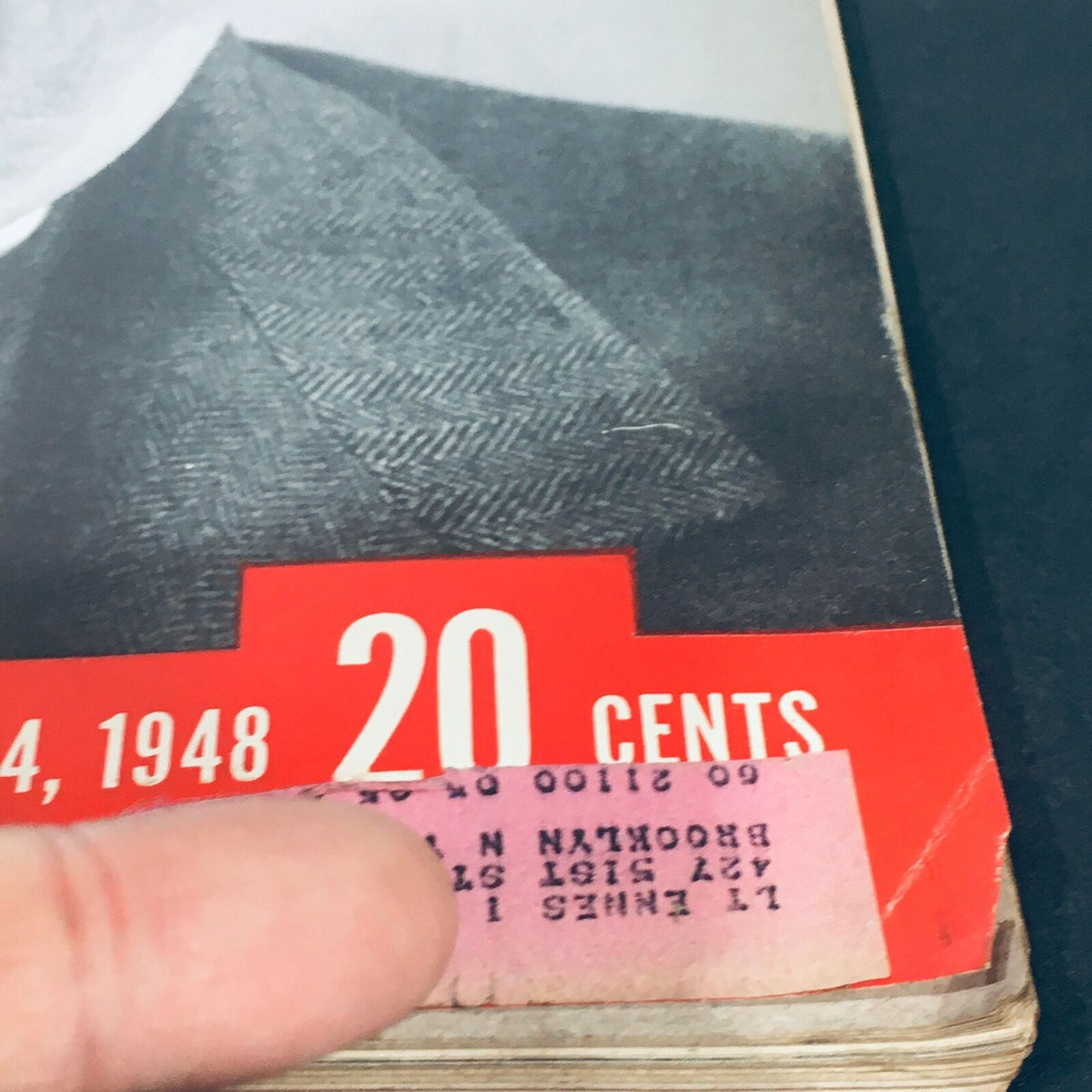 Close-up of the cover of VTG Life Magazine from May 24, 1948, featuring a price tag indicating 20 cents and a handwritten address label, showcasing the historical significance of the issue that highlights former United States Senator Arthur H. Vandenberg.