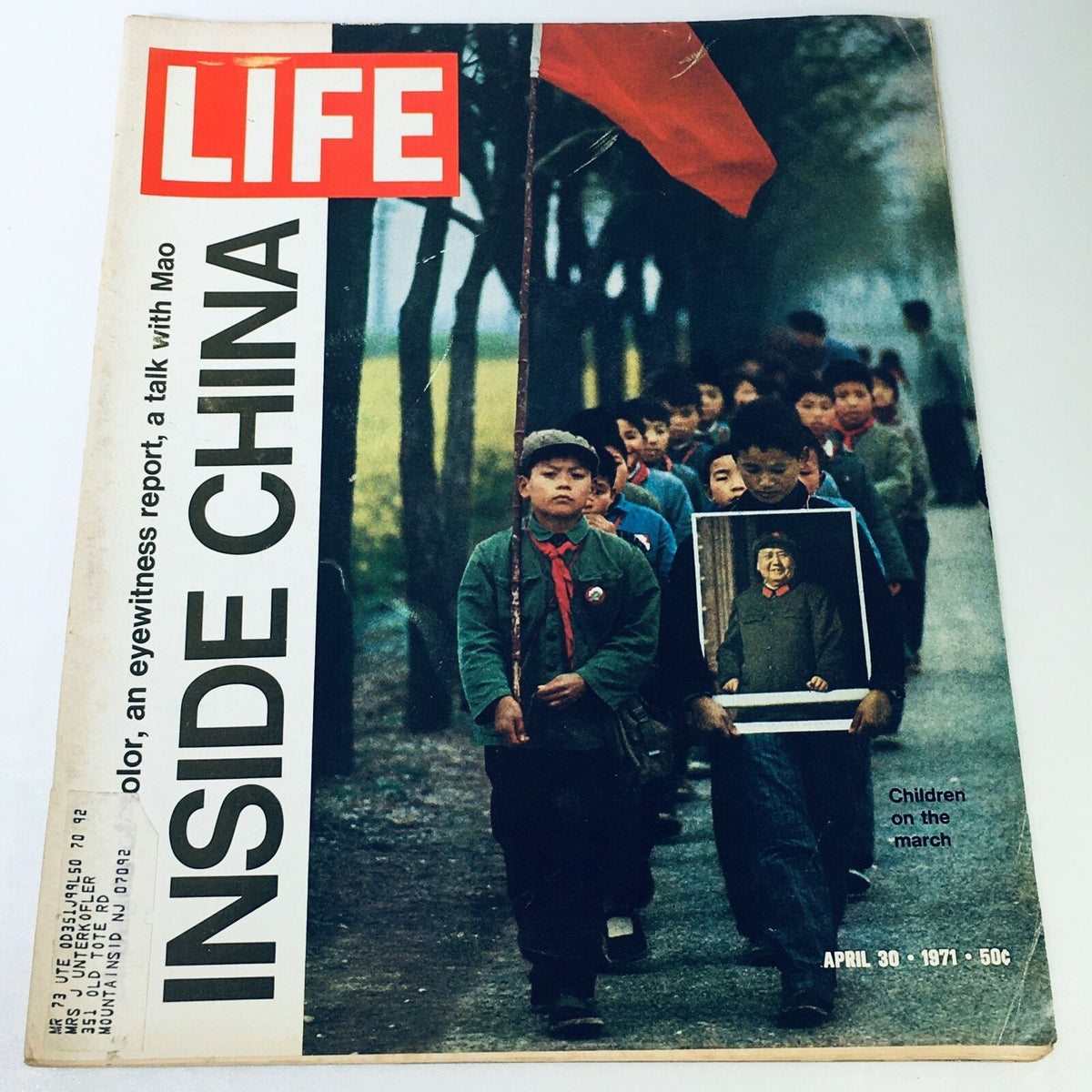 Front cover of VTG Life Magazine April 30 1971 featuring the title 'Inside China' and the theme 'Children on the March' with a photograph of children marching with a flag.