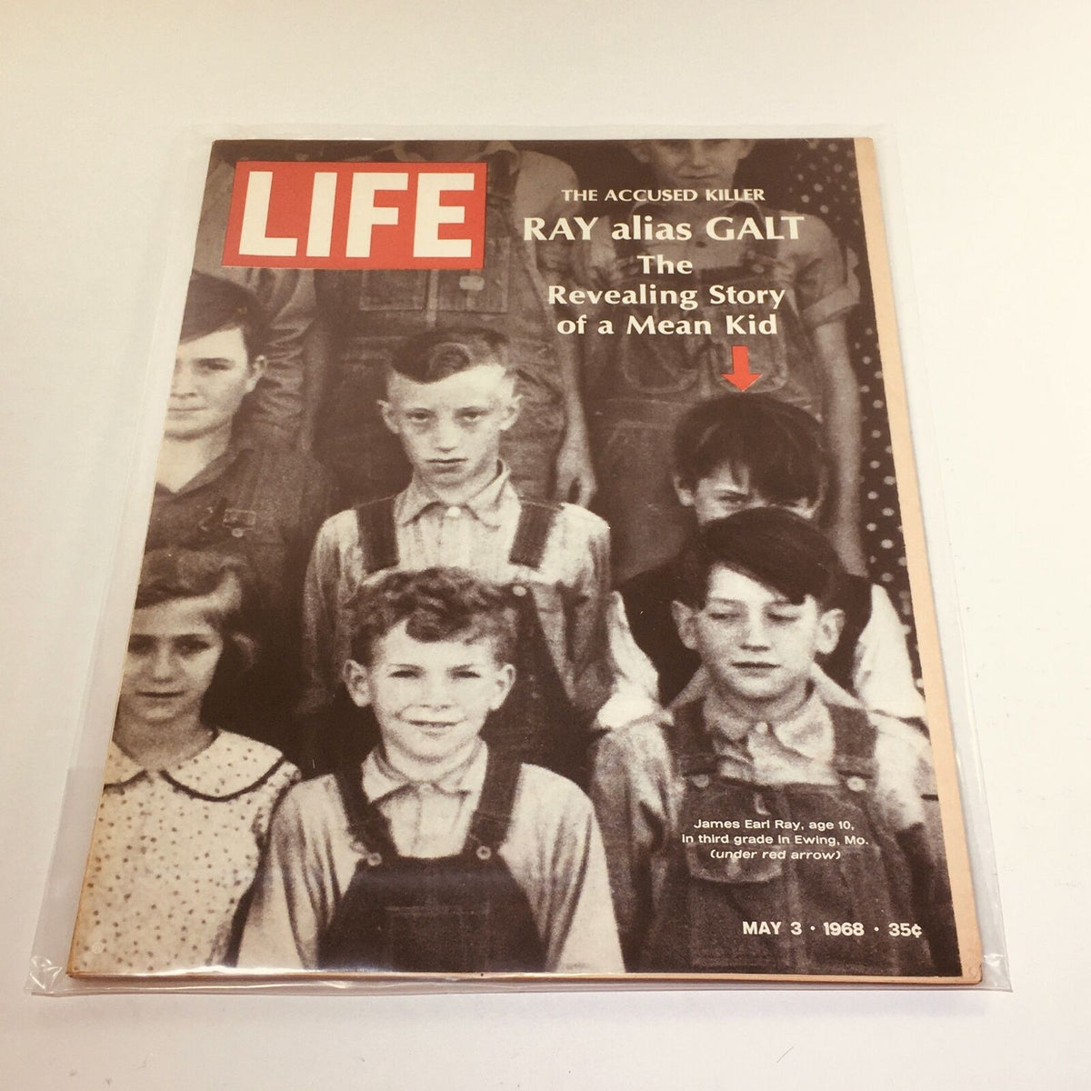 Cover of VTG Life Magazine from May 3, 1968, featuring a photograph of James Earl Ray at age 10 among a group of children, highlighting the intriguing story of the accused killer.