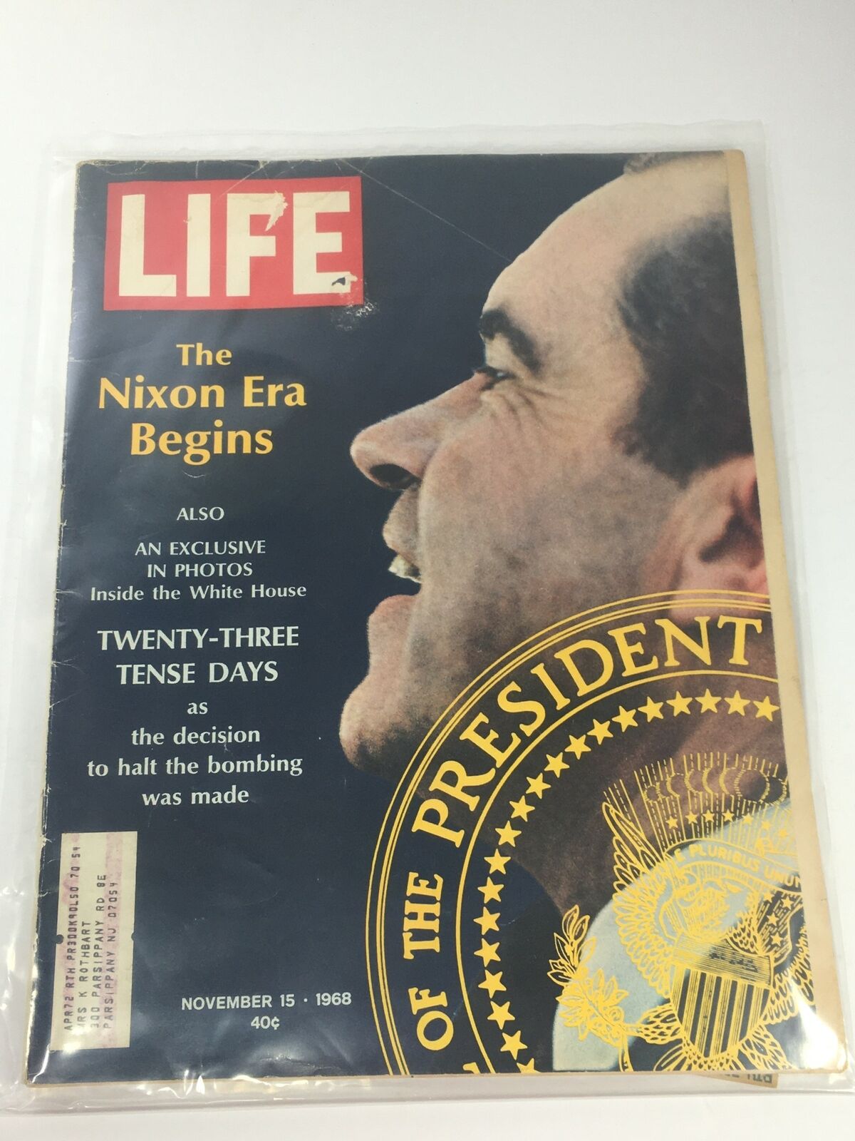VTG Life Magazine: November 15 1968 - The President Richard Nixon Era Begins, featuring the iconic cover showcasing a profile view and text highlighting the beginning of Nixon's presidency.