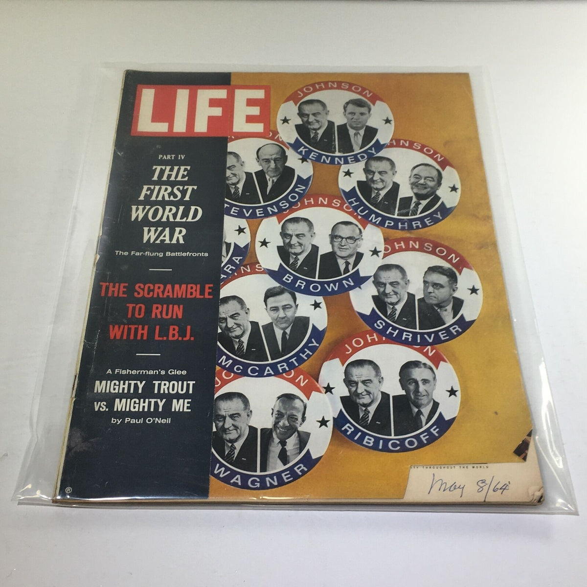 Cover of VTG Life Magazine dated May 8, 1964, featuring articles on The First World War and Mighty Trout vs Mighty Me, showcasing notable political figures.