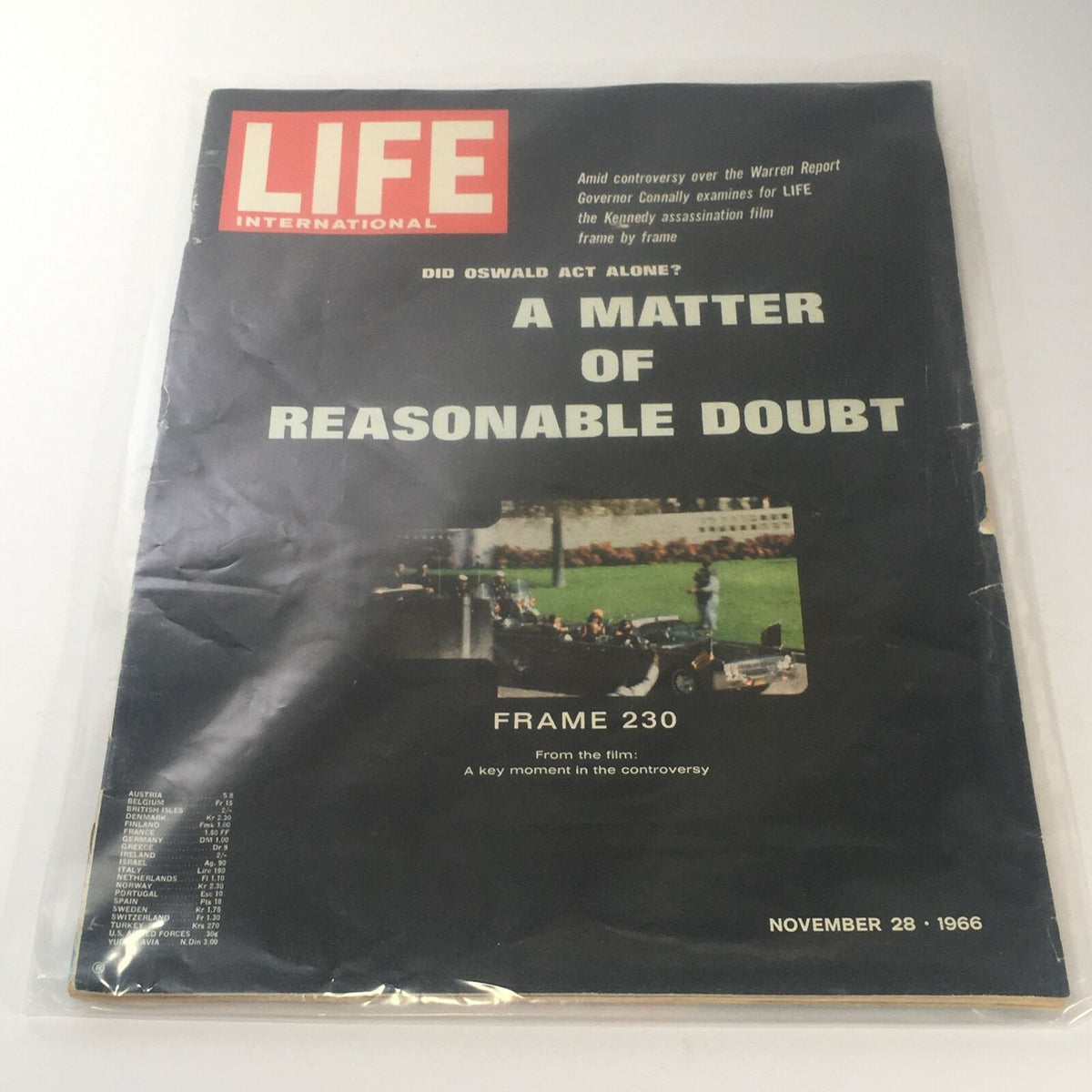 Vintage Life Magazine cover from November 28, 1966, featuring the title 'A Matter Of Reasonable Doubt' with a photo related to the Kennedy assassination controversy.