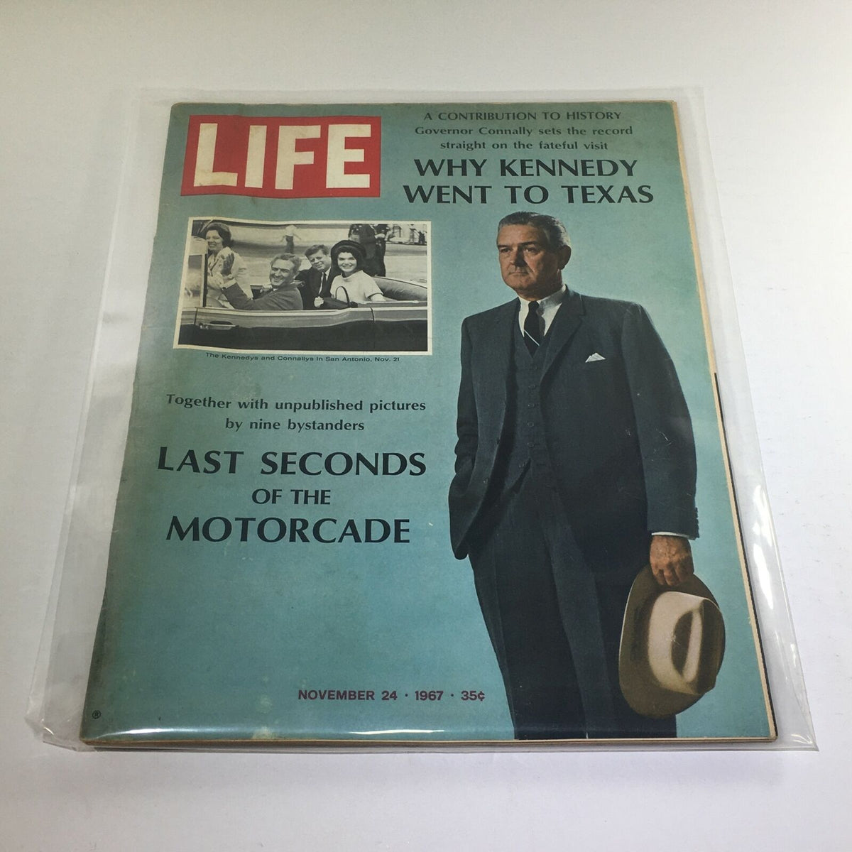 VTG Life Magazine cover from November 24, 1967, featuring the headline 'Last Seconds of the Motorcade of J.F.K.' and a prominent image of Governor Connally with a photo inset of Kennedy and others.
