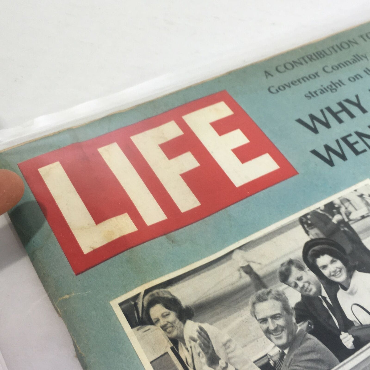 Close-up view of the VTG Life Magazine cover from November 24, 1967, highlighting the title 'LIFE' with details about JFK's motorcade and accompanying images.
