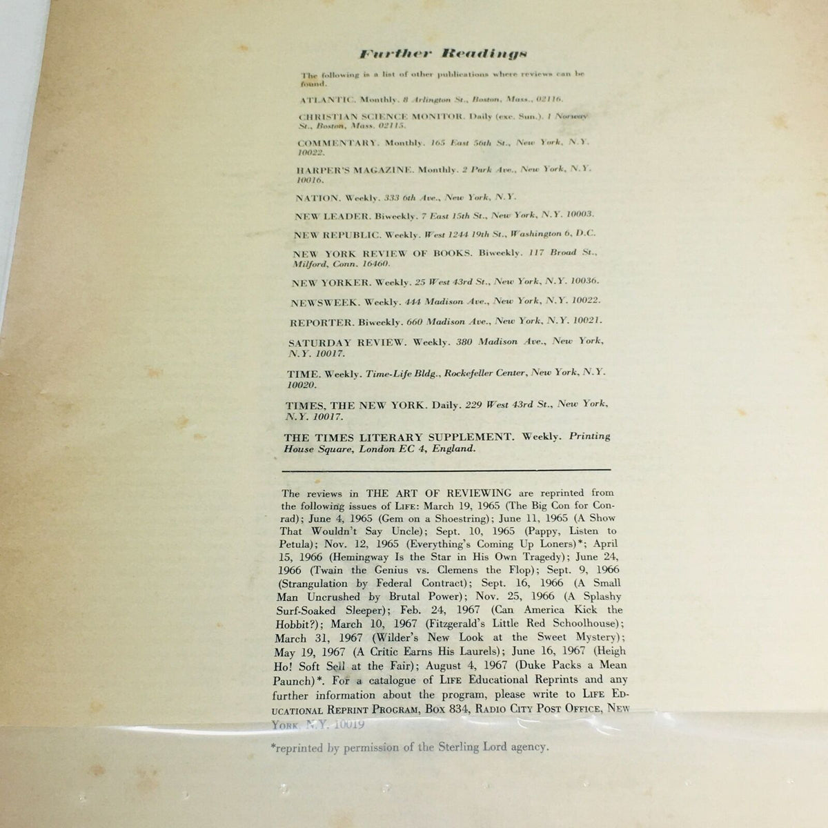 Inside page of VTG Life Magazine: 1965 - Educational Reprint 10 - The Art of Reviewing displaying a list of further readings and publications related to art reviewing.