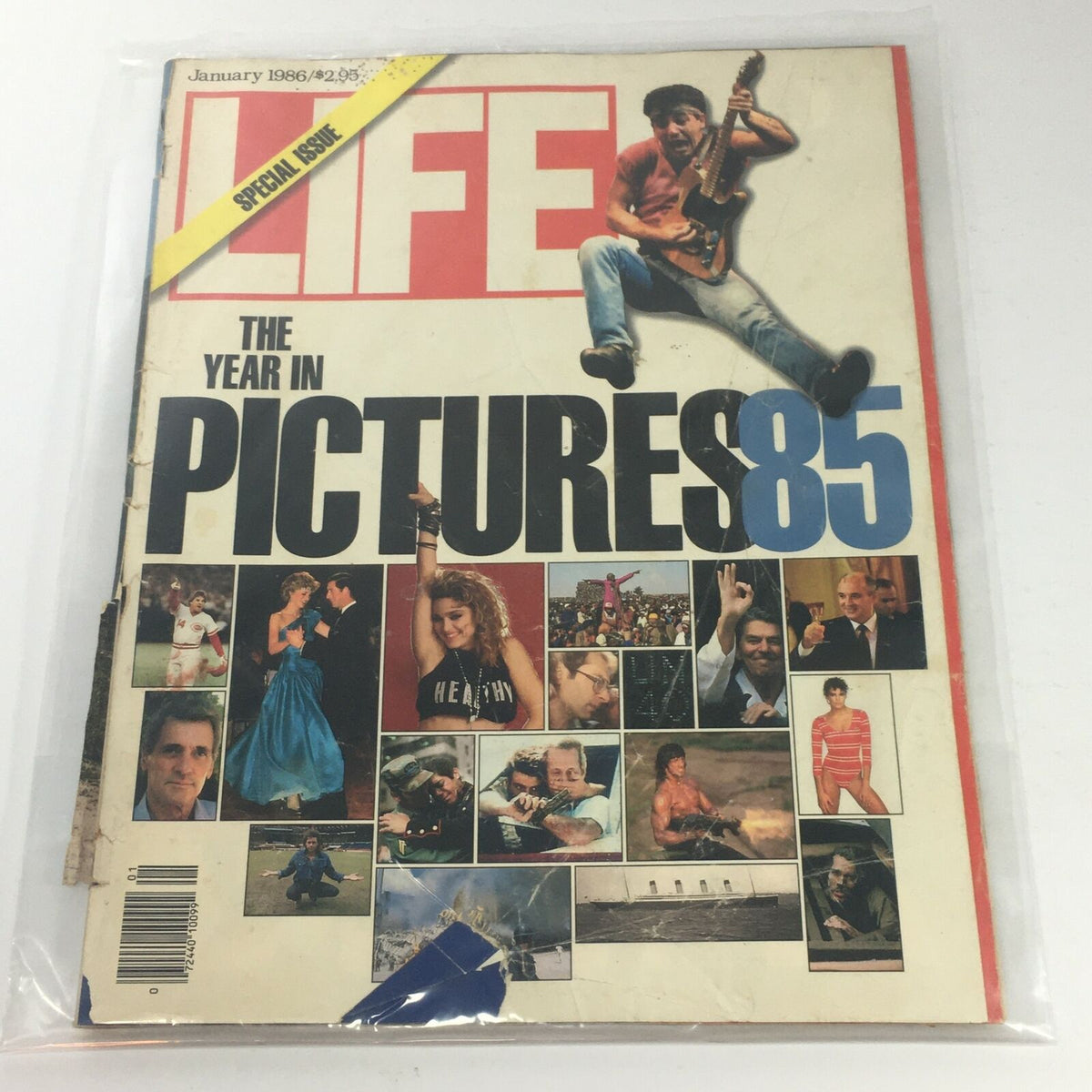 Cover of VTG Life Magazine from January 1986 titled 'The Year In Pictures OF The Year 1985', featuring notable images from the year including musicians, celebrities, and historical events.