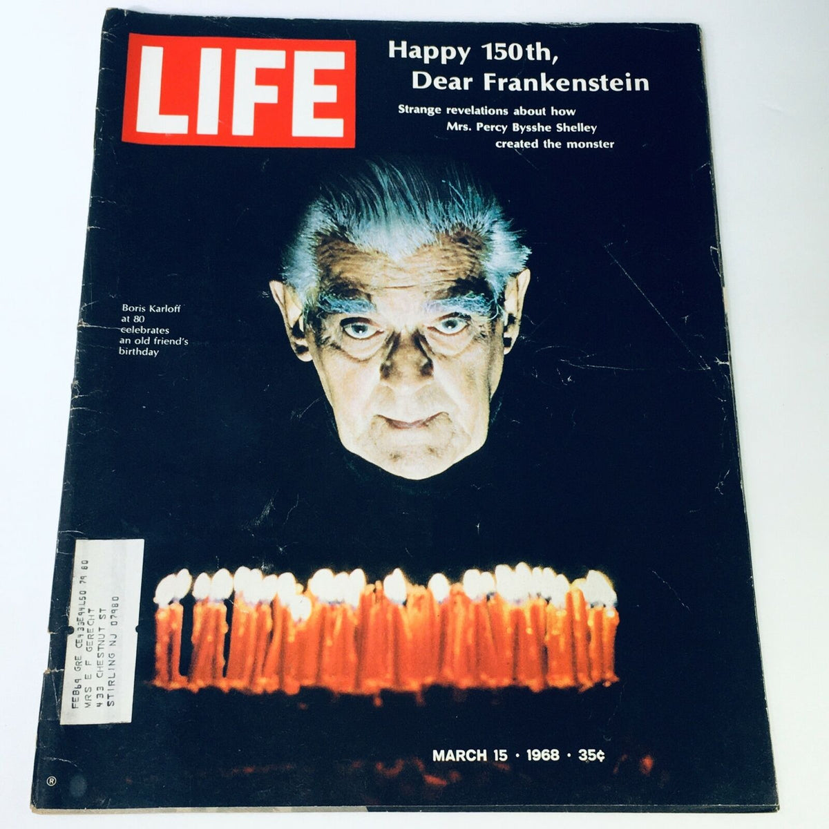 Vintage Life Magazine cover from March 15, 1968, featuring Boris Karloff at age 80, celebrating an old friend's birthday with a dramatic image of Karloff surrounded by candles.
