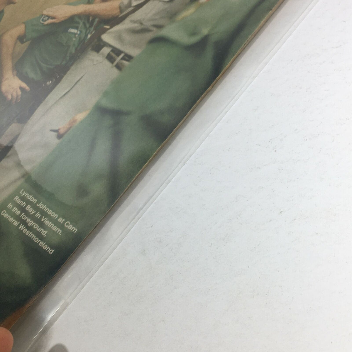 Close-up of VTG Life Magazine: November 4 1966 spine, highlighting details including text about President Lyndon Johnson's visit to Ranh Bay, Vietnam.