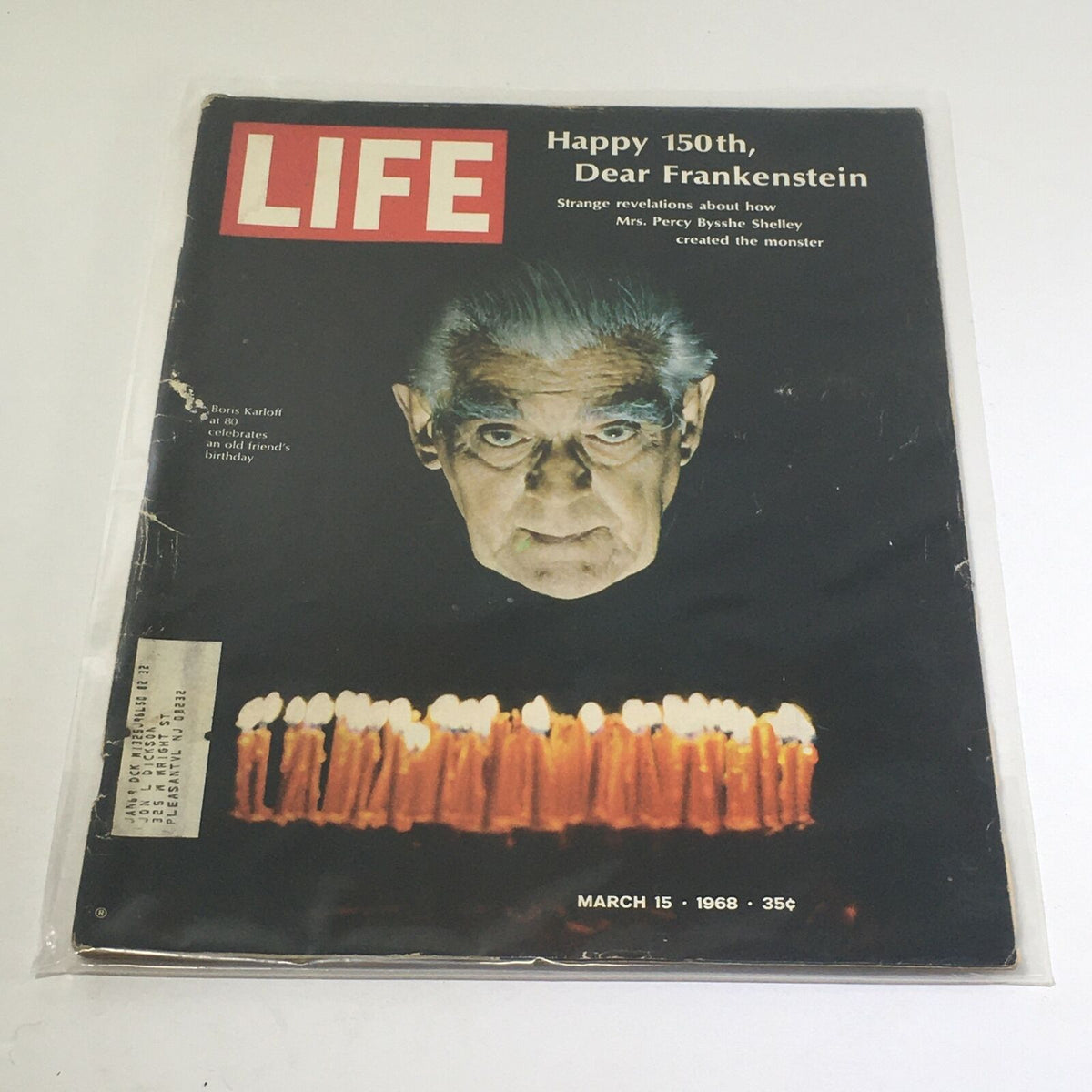 VTG Life Magazine: March 15 1968 featuring Boris Karloff celebrating his 80th birthday, with candles and a dark background. This vintage magazine cover also includes the title 'Happy 150th, Dear Frankenstein'.