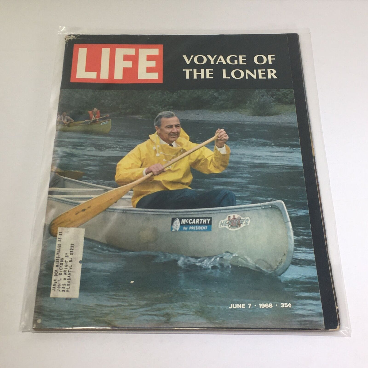 Vintage Life Magazine cover from June 7, 1968 featuring 'Voyage Of The Loner President Joseph McCarthy'. The cover shows a man in a yellow raincoat paddling a canoe on the water, with an emphasis on McCarthy's presidential campaign.