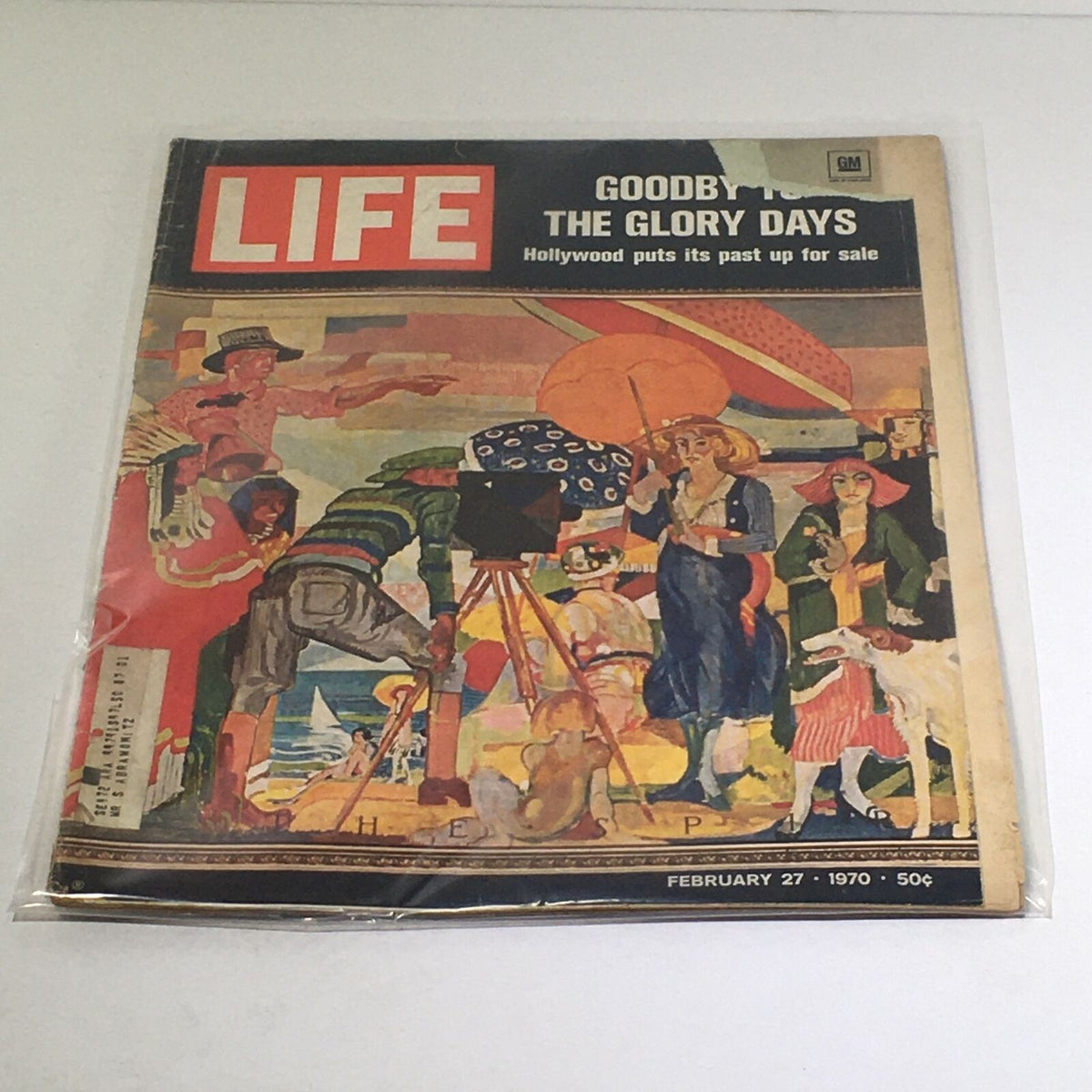 VTG Life Magazine cover from February 27, 1970 featuring the cover story "Goodbye To The Glory Days / Hollywood Sale" with colorful artwork depicting Hollywood scenes and characters.