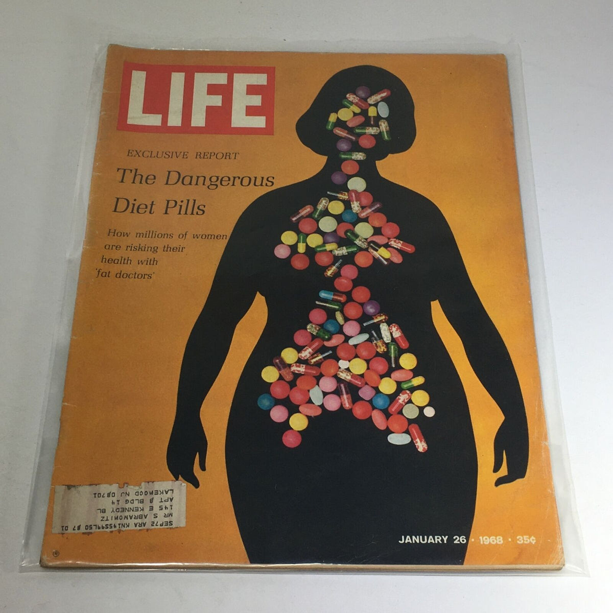VTG Life Magazine January 26 1968 featuring an exclusive report on dangerous diet pills, showcasing multicolored pills scattered over a silhouette of a woman.