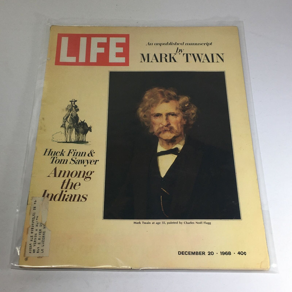 Cover of VTG Life Magazine dated December 20, 1968, featuring Huck Finn & Tom Sawyer Among The Indians, showcasing a portrait of Mark Twain at age 55.