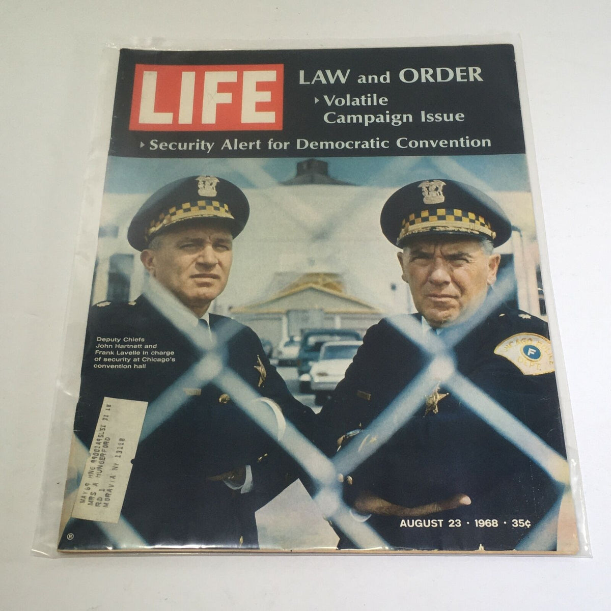 Cover of VTG Life Magazine: August 23, 1968 - Law and Order Volatile Campaign Issue featuring two police officers in uniform, capturing the essence of the social and political climate during a pivotal election year.