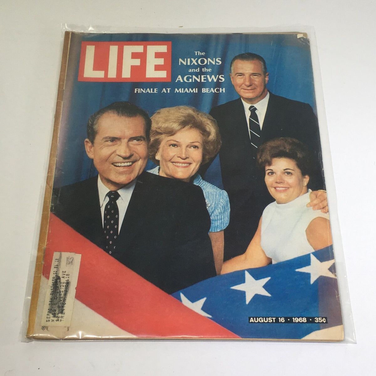 Cover of VTG Life Magazine: August 16, 1968 featuring The Nixons and the Agnews Finale Miami Beach, showcasing key political figures and an American flag background.