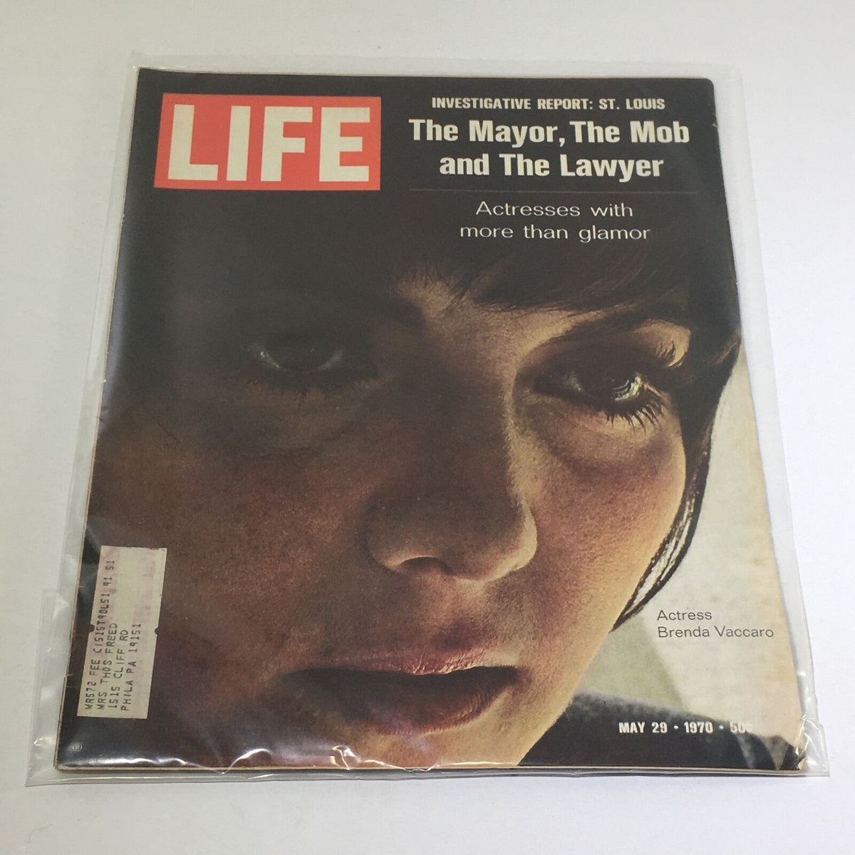Cover of VTG Life Magazine from May 29, 1970 featuring the title 'The Mayor, The Mob, and The Lawyer' with a focus on actress Brenda Vaccaro, showcasing a vintage aesthetic with investigative report elements.
