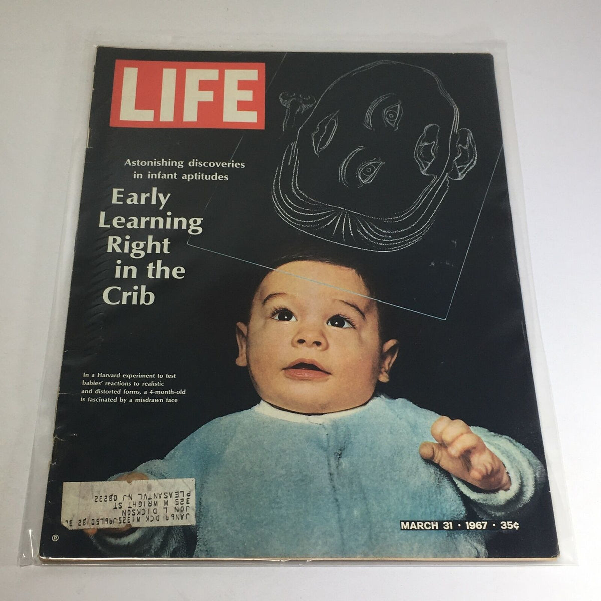 Vintage Life Magazine cover from March 31, 1967, featuring an article titled 'Early Learning Right in the Crib.' The cover showcases a young baby looking up in wonder, highlighting early childhood learning concepts.