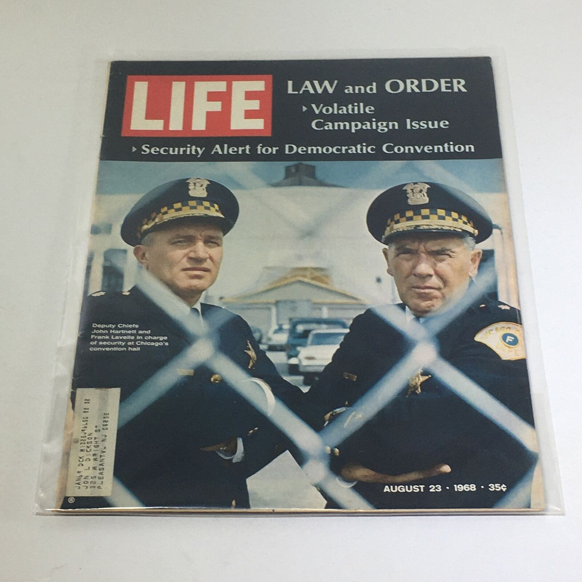Cover of VTG Life Magazine from August 23, 1968, featuring Deputy Chiefs John H. and Frank L. under the headline 'Law and Order', highlighting the volatile campaign issue and security alert for the Democratic Convention.