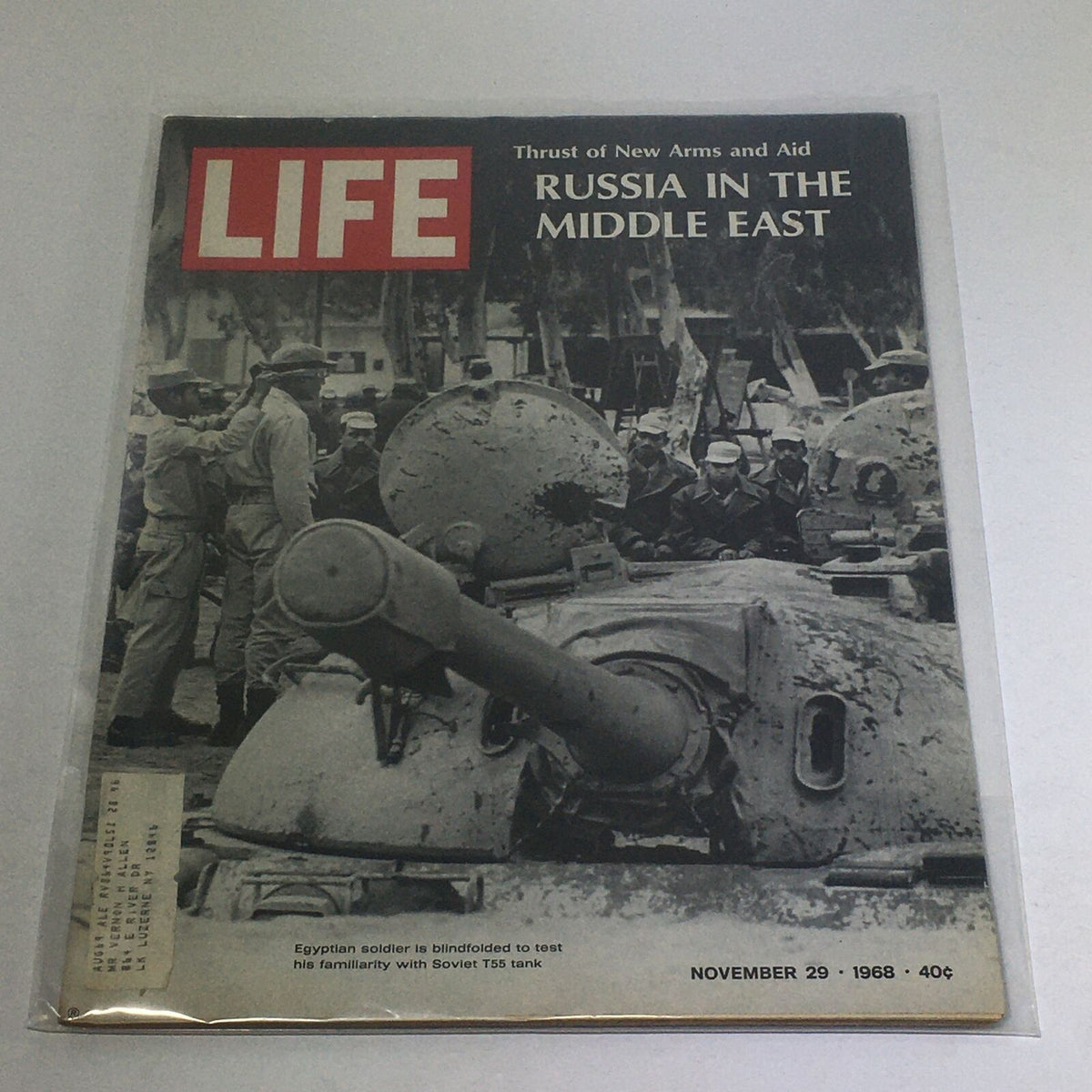 VTG Life Magazine cover from November 29, 1968 featuring an Egyptian soldier blindfolded to test the Soviet T55 tank. The cover highlights military history and geopolitical themes in the Middle East.