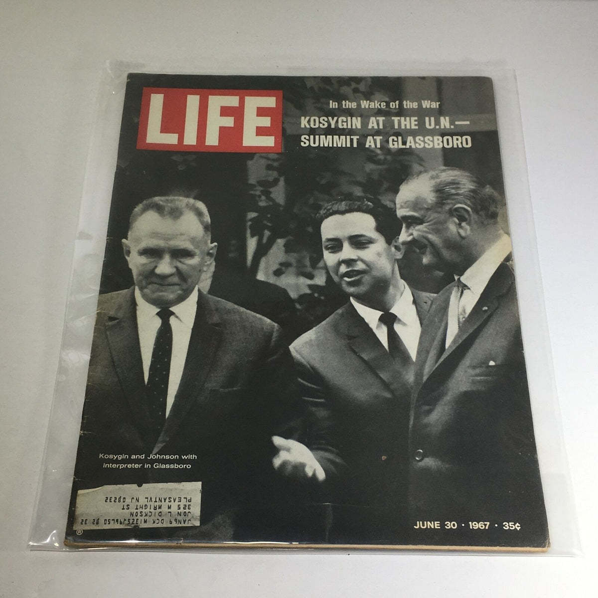 VTG Life Magazine: June 30 1967 featuring Kosygin and Johnson with interpreter in Glassboro, showcasing a historic meeting during the Cold War.