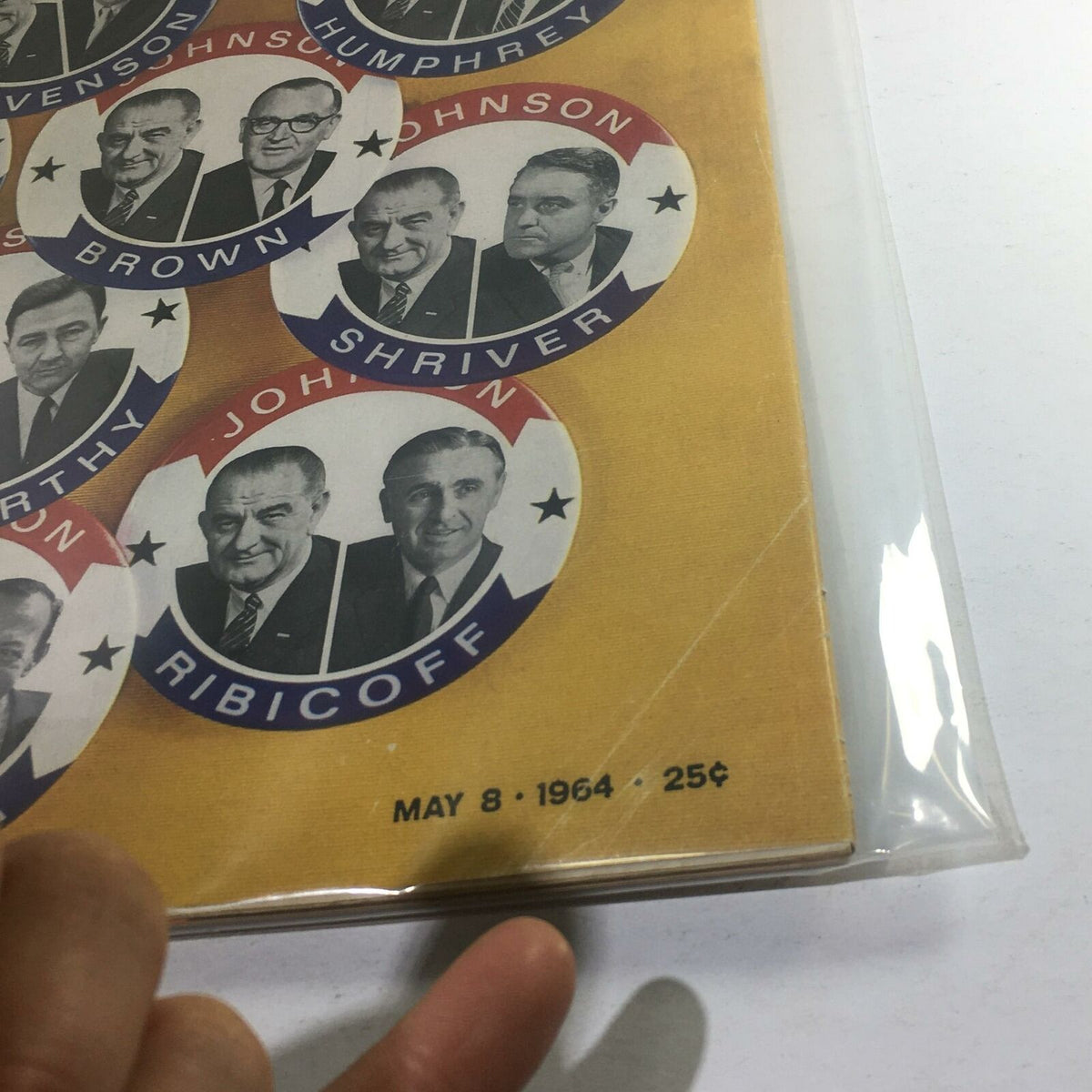 Close-up of the Vintage Life Magazine from May 8, 1964, titled 'Who Will Button Up the Bottom Half of the Ticket,' highlighting the date and details of the magazine's condition and nostalgic value.