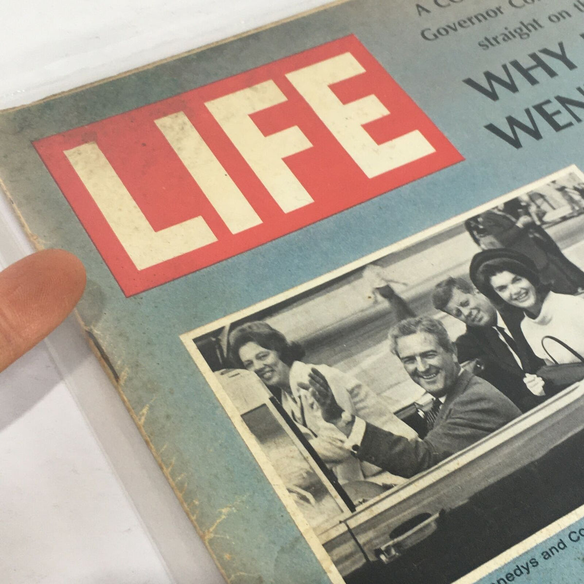 Cover of VTG Life Magazine dated November 24, 1967, featuring the title 'LIFE' and an image of people, including a man waving, reflecting on President Kennedy's visit to Texas.