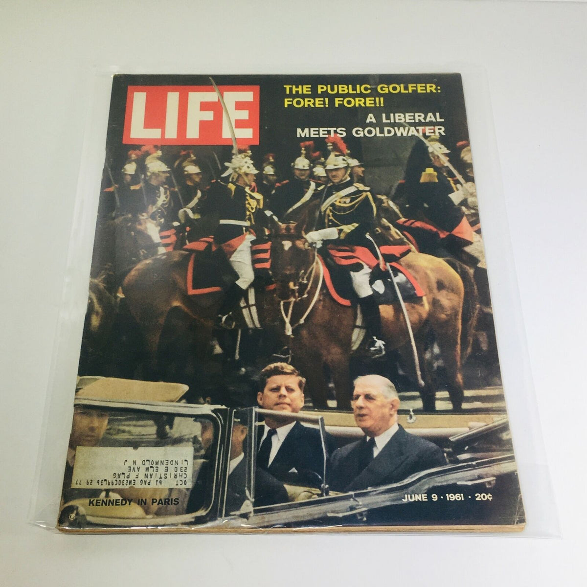 Vintage Life Magazine cover from June 9, 1961 featuring President John F. Kennedy in Paris and the article 'A Liberal Meets Goldwater'. A historical moment captured with captivating visuals, ideal for collectors and history enthusiasts.