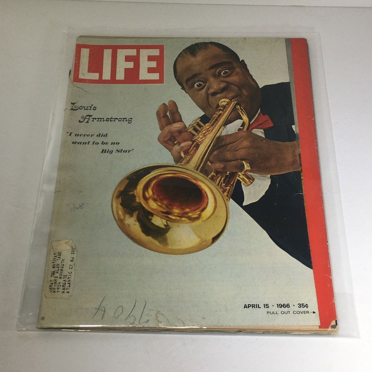VTG Life Magazine cover from April 15, 1966 featuring Louis Armstrong with the title 'I never did want to be a Big Star', showcasing his iconic appearance and trumpet.