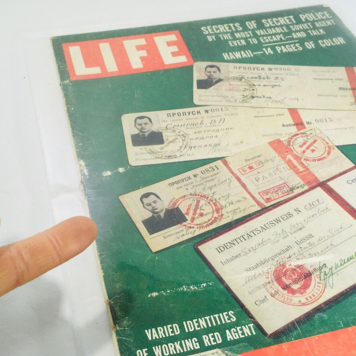 Cover of VTG Life Magazine: March 23 1959 featuring the article 'Secrets of Secret Police' with various identity documents displayed prominently.