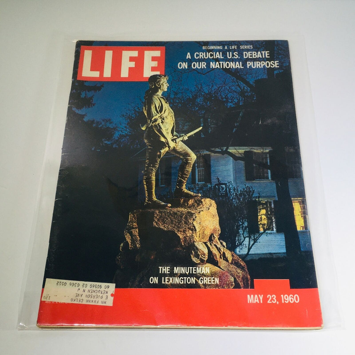Cover image of VTG Life Magazine from May 23, 1960, featuring the Minuteman statue on Lexington Green. This edition highlights a crucial U.S. debate and captures significant moments in American history.
