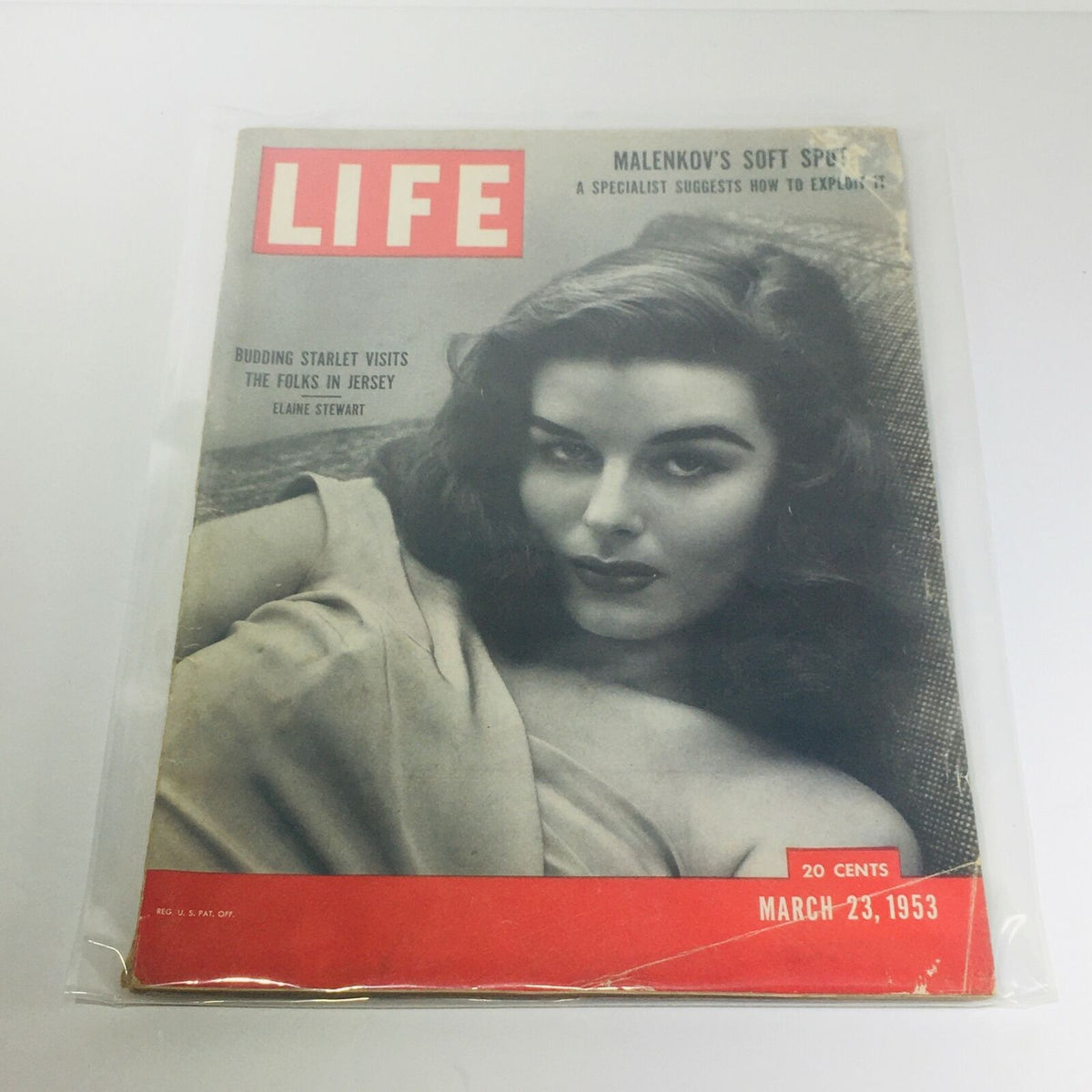 Vintage Life Magazine cover from March 23, 1953, featuring iconic actress Elaine Stewart, with articles about Bobby Jones and Stalin's Funeral.