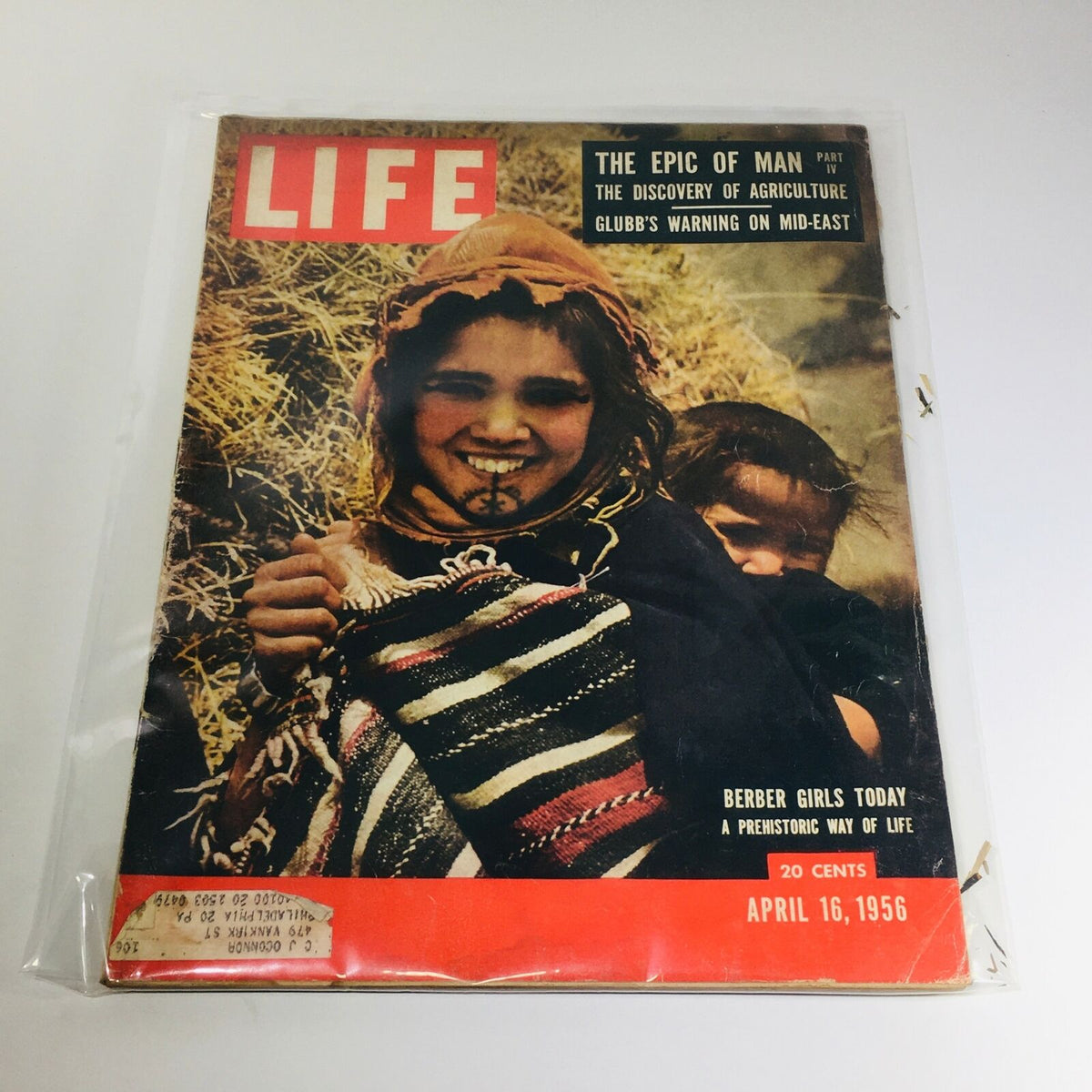 VTG Life Magazine cover from April 16, 1956 featuring Berber girls, The Epic of Man series, and Glubb's Warning, showcasing rich cultural imagery and historical significance.
