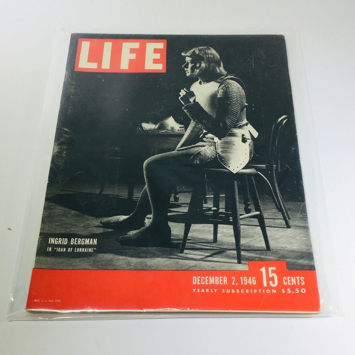 Vintage Life Magazine cover featuring Ingrid Bergman in 'Joan of Lorraine', dated December 2, 1946. This issue highlights post-World War II America with striking black and white visuals and iconic wartime art.