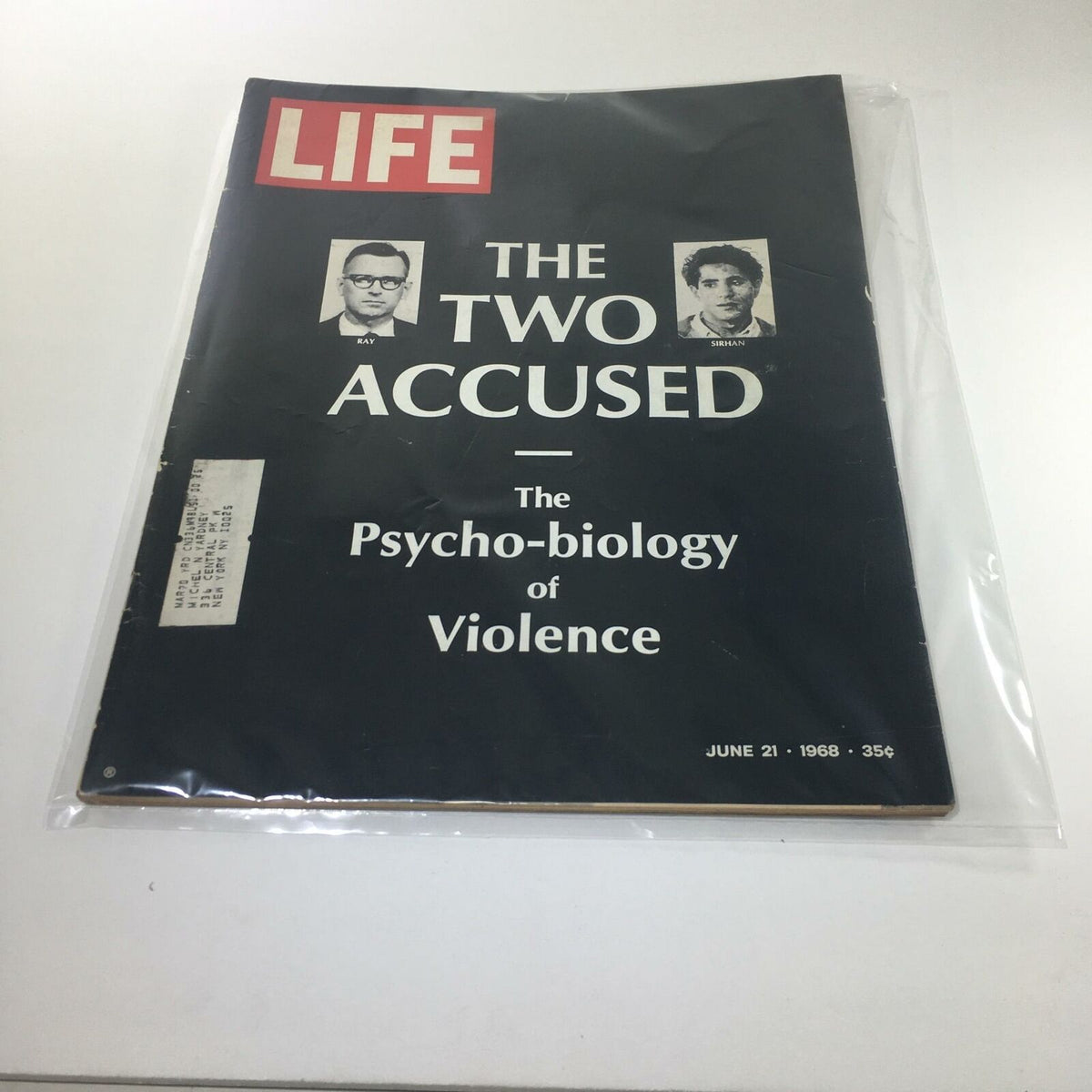 Cover of Life Magazine dated June 21, 1968, featuring the title "The Two Accused: The Psycho-biology of Violence" with images of two accused individuals at the top. The magazine is encased in protective plastic.