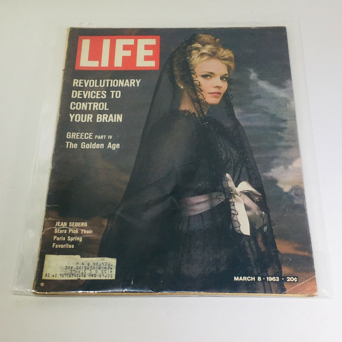 Cover of VTG Life Magazine dated March 8, 1963, featuring Jean Seberg in a black dress, highlighting 'Stars Pick Their Paris Spring Fav'.