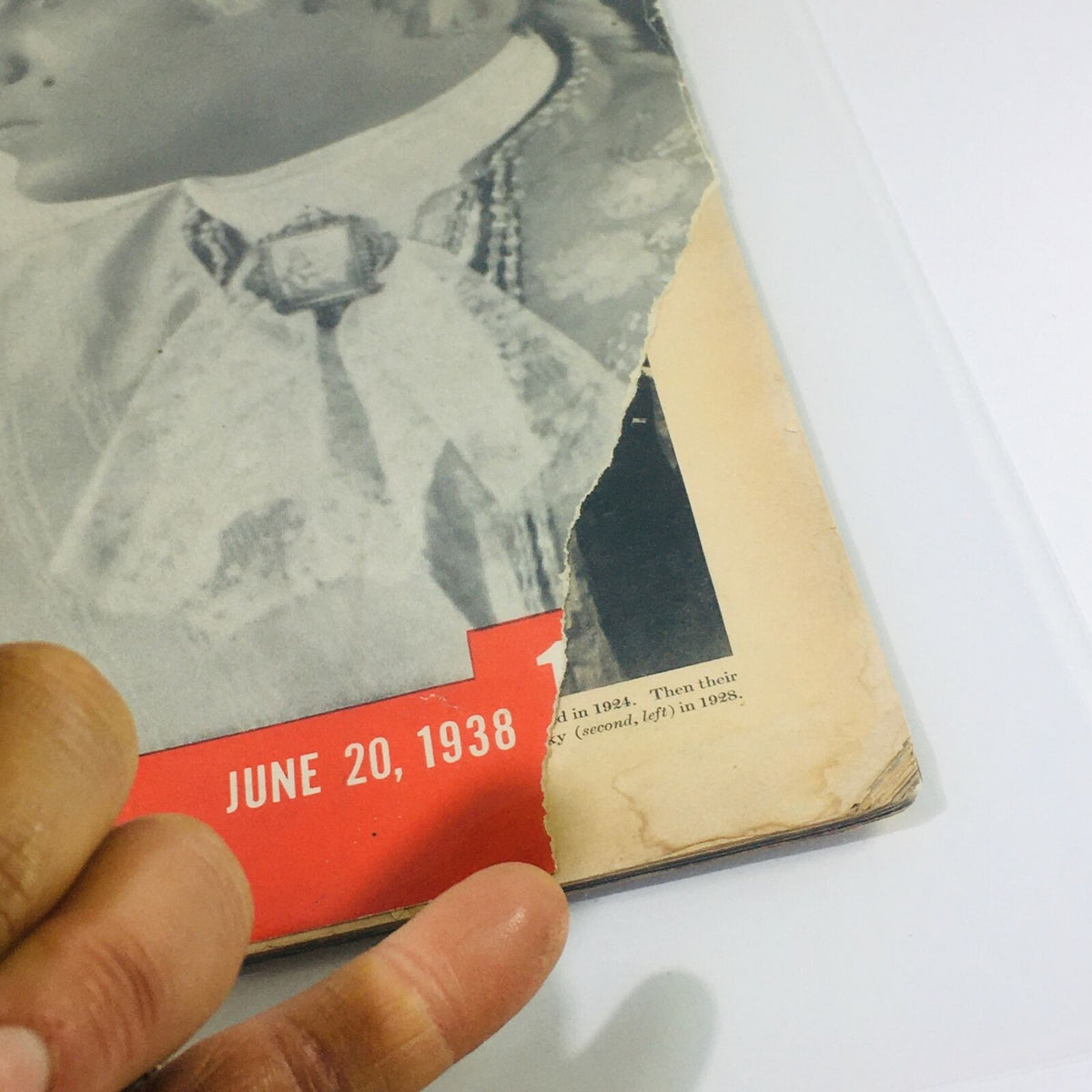 Close-up view of the Vintage Life Magazine cover from June 20, 1938, highlighting the date and worn edges, related to 'The Man Who Came Back'.