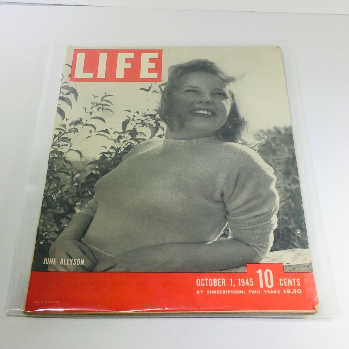 VTG Life Magazine from October 1, 1945 featuring June Allyson on the cover, showcasing the vintage publication's historical appeal and notable article on Shirley Temple's wedding, perfect for collectors.