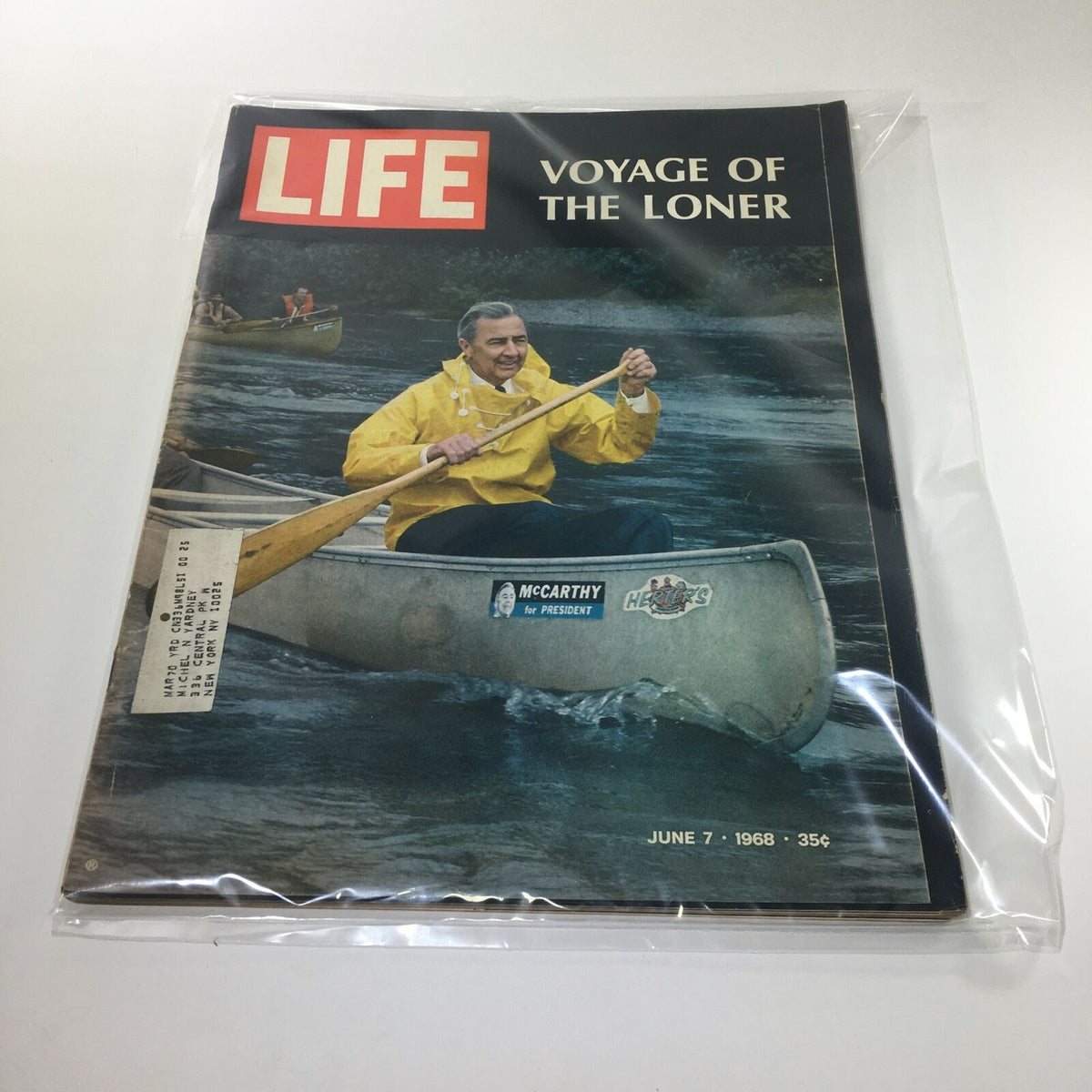 Vintage Life Magazine cover from June 7, 1968, featuring the title 'Eugene McCarthy: Voyage of the Loner'. The cover showcases a man paddling a canoe in a yellow raincoat, promoting McCarthy's presidential campaign.