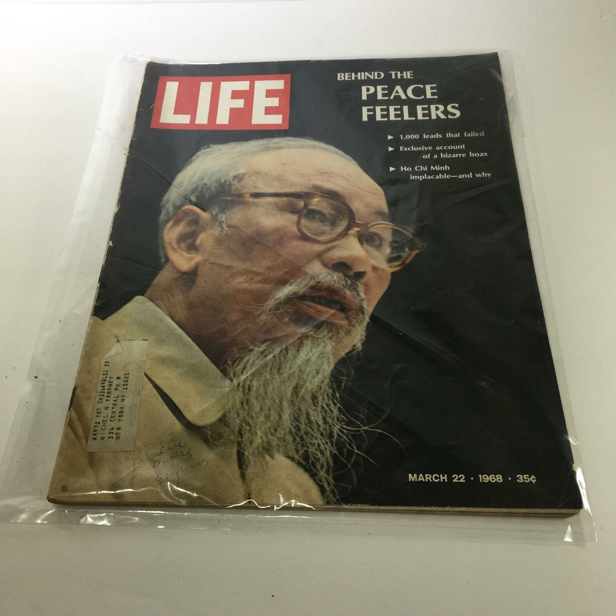 Life Magazine Cover from March 22, 1968 titled 'Ho Chi Minh Implacable and Why' featuring a portrait of Ho Chi Minh, a significant figure in the Vietnam War era. The cover highlights key themes including peace negotiations and includes a price of 35 cents.