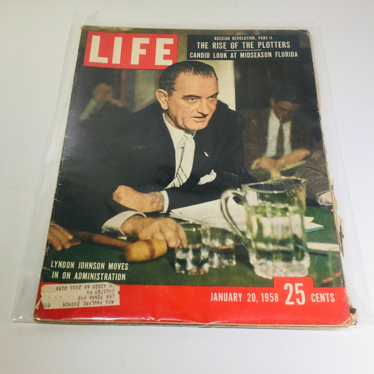 Vintage Life Magazine cover from January 20, 1958 featuring Lyndon Johnson, highlighting his role in the administration. The cover includes a candid photograph of Johnson, along with intriguing headlines and historical context from that era.
