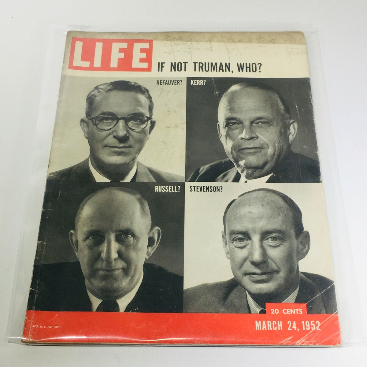 Vintage Life Magazine cover from March 24, 1952, featuring Democratic Presidential Candidates including Kefauver, Kerr, Russell, and Stevenson, highlighting the political landscape of the early '50s.