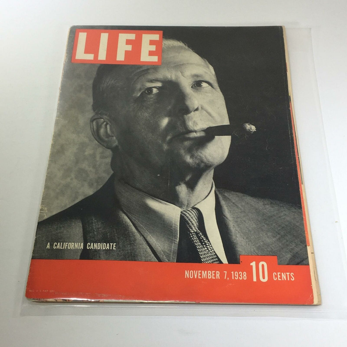 Cover of Vintage Life Magazine: A California Candidate, dated November 7, 1938, showcasing a black and white image of a man with a cigar, along with the magazine title and publication date.