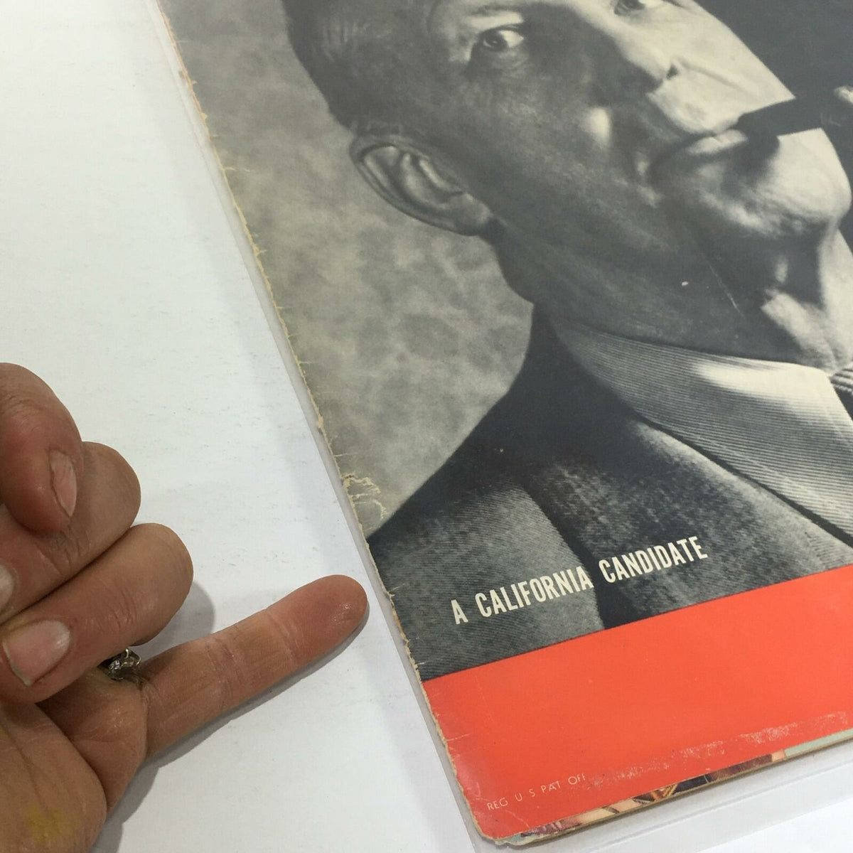 Close-up view of the cover of Vintage Life Magazine: A California Candidate, dated November 7, 1938, highlighting the text 'A CALIFORNIA CANDIDATE' and the vintage design elements.