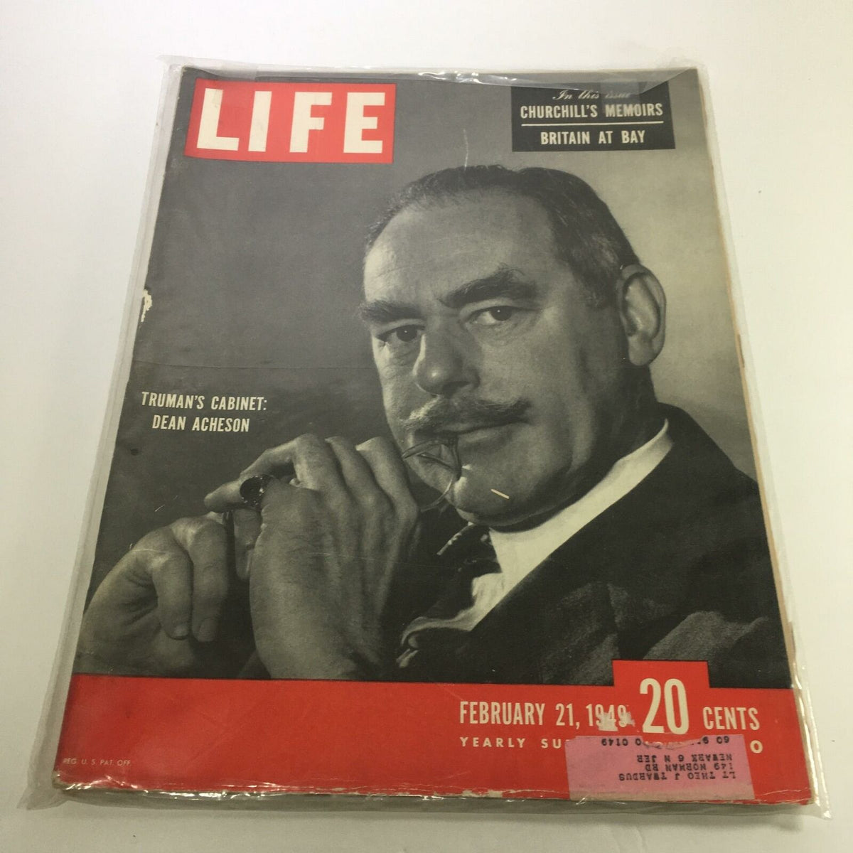 Cover of VTG Life Magazine February 21 1949 featuring Dean Acheson, Truman's Cabinet member, with a striking black and white portrait and bold red text.