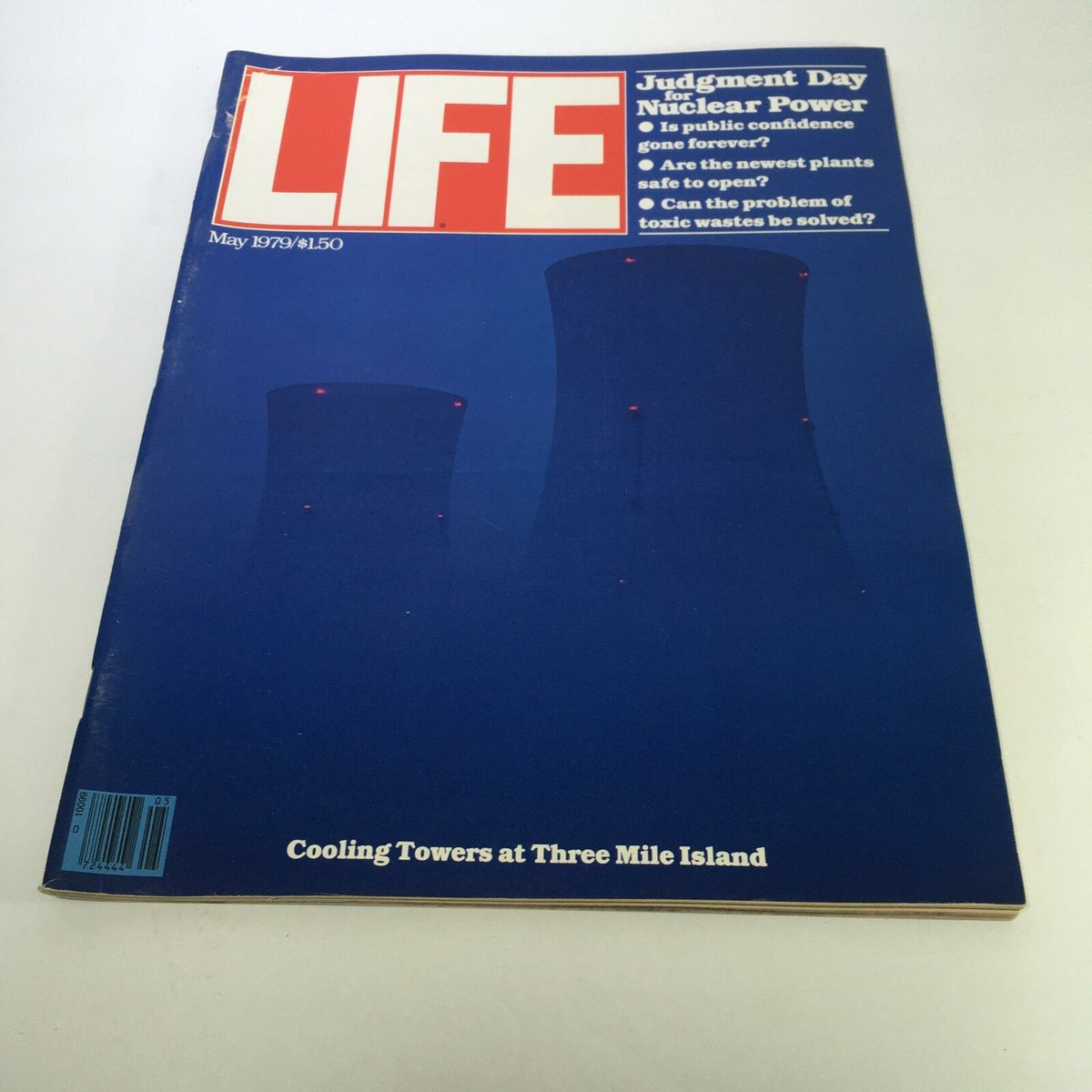 Cover of Life Magazine from May 1979 featuring the title 'Judgment Day for Nuclear Power'. The image depicts cooling towers at Three Mile Island against a blue background, highlighting the pressing issues surrounding nuclear energy during that era.
